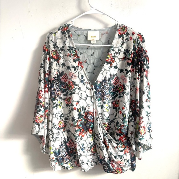Anthropologie Maeve Blouse Silk Burnout Oversized Floral Wrap Boho Romantic L - Picture 2 of 7